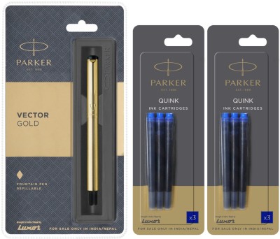 PARKER Vector Gold GT Fountain Pen with 6 Blue Quink Ink Cartridge(Pack of 3, Blue)