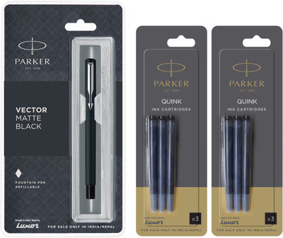 PARKER Vector Matte Black CT Fountain Pen with 6 Black Quink Ink Cartridge(Pack of 3, Ink Color - Black)