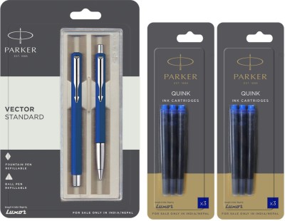 PARKER Vector Standard Sets Fountain Pen with Ball Pen - Blue with 6 Blue Quink Ink Cartridge(Pack of 3, Blue)