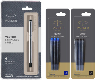 PARKER Vector Stainless Steel CT Fountain Pen + 1 Blue pack + 1 Black pack of Catridge Fountain Pen(Pack of 3, Ink Color - Blue, Black) PARKER Vector Stainless Steel CT Fountain Pen + 1 Blue pack + 1 Black pack of Catridge Fountain Pen(Pack of 3, Ink Color - Blue, Black)