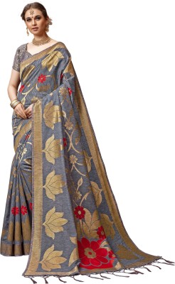 Ratnavati Woven, Embellished, Floral Print Bollywood Cotton Blend, Cotton Silk Saree(Grey)