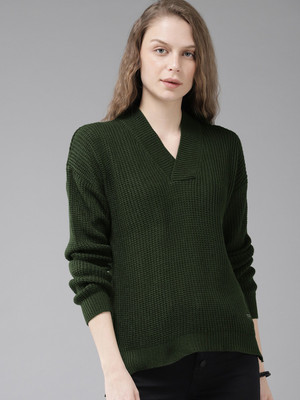 Roadster Woven V Neck Casual Women Green Sweater