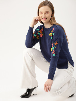 Dressberry Self Design Round Neck Casual Women Blue Sweater