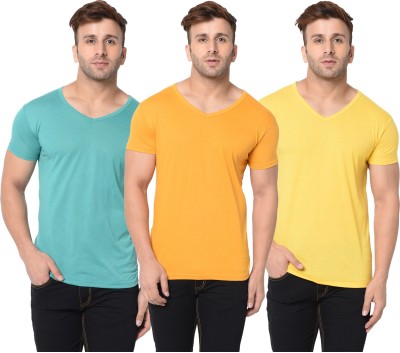 Jangoboy Solid Men V Neck Light Green, Yellow T-Shirt