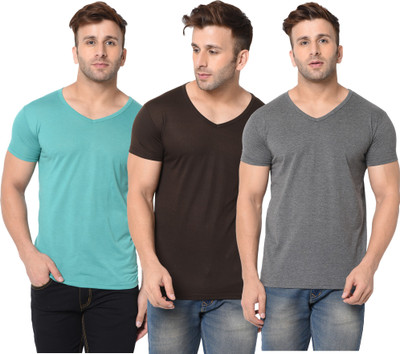 Jangoboy Self Design, Solid Men V Neck Brown, Grey, Light Green T-Shirt