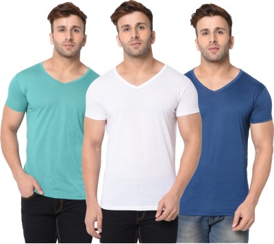 Jangoboy Solid Men V Neck Dark Blue, White, Light Green T-Shirt