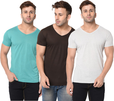 Jangoboy Self Design, Solid Men V Neck Light Blue, Brown, Grey T-Shirt