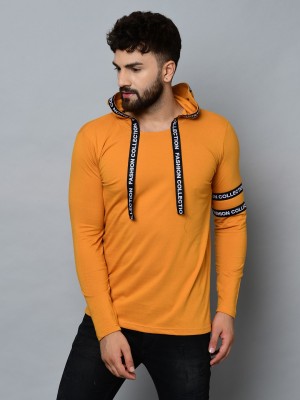 REE RAA Typography Men Hooded Neck Black, Yellow T-Shirt