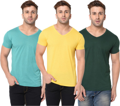 Jangoboy Solid Men V Neck Dark Green, Light Green, Yellow T-Shirt