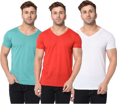 Jangoboy Solid Men V Neck Red, White, Light Green T-Shirt