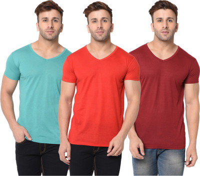 Adorbs Self Design, Solid Men V Neck Light Blue, Red, Maroon T-Shirt