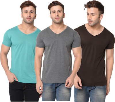 Jangoboy Self Design, Solid Men V Neck Light Blue, Brown, Grey T-Shirt