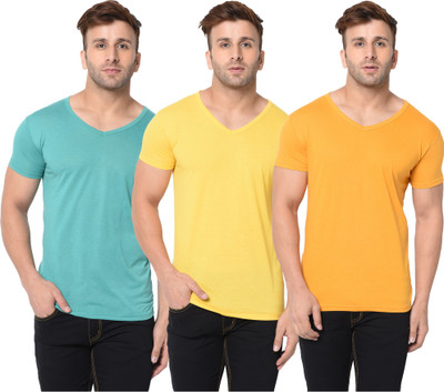 Adorbs Solid Men V Neck Yellow, Light Green T-Shirt