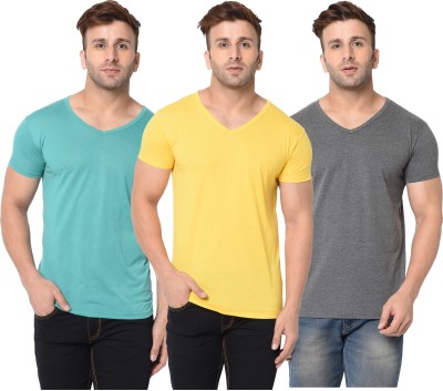 Adorbs Solid, Self Design Men V Neck Grey, Yellow, Light Green T-Shirt