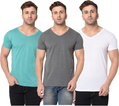 Jangoboy Self Design, Solid Men V Neck White, Grey, Light Green T-Shirt