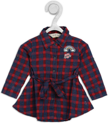 GINI JONY Girls MidiKnee Length Casual DressRed Roll-up Sleeve