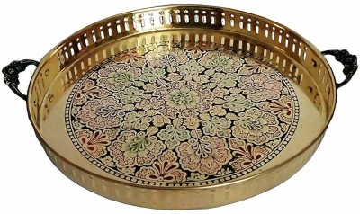 MOZO HUB Brass Green Antique Designer Round Tray 41 cm Tray