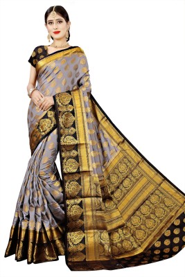 neeah Woven Banarasi Jacquard, Art Silk Saree(Black, Grey)