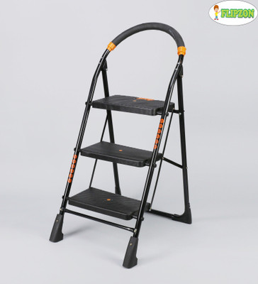 FLIPZON Premium Heavy Foldable Cameo 3 Steps Ladder with Wide Steps & Anti-Skid Shoes - Black Steel Ladder(With Platform, Hand Rail)