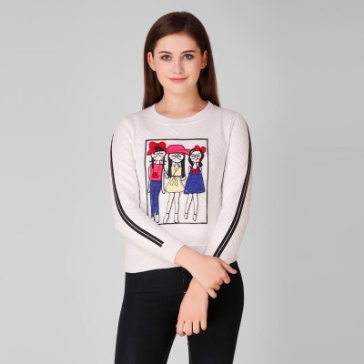 Trend Setter Printed Round Neck Casual Women White Sweater