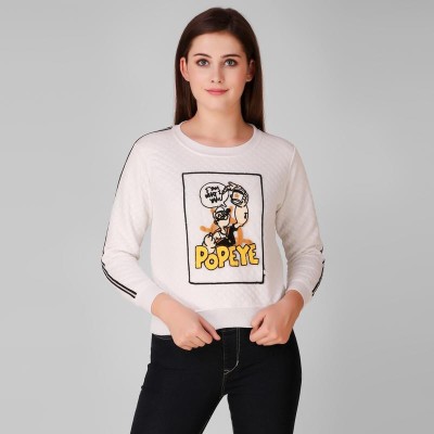 Trend Setter Printed Round Neck Casual Women White Sweater