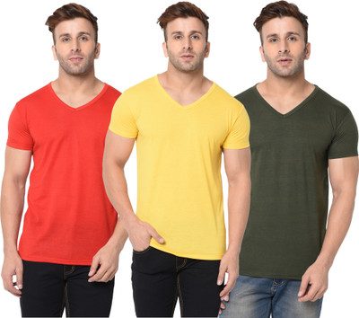 Jangoboy Solid Men V Neck Dark Green, Red, Yellow T-Shirt