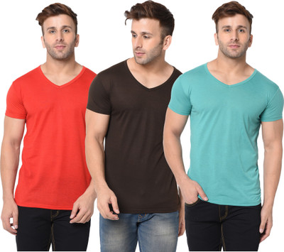 Jangoboy Solid Men V Neck Red, Brown, Light Green T-Shirt