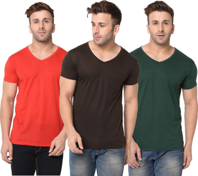 Jangoboy Solid Men V Neck Dark Green, Red, Brown T-Shirt