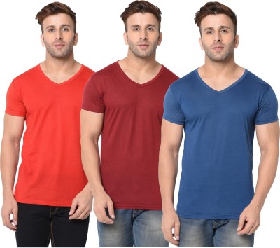 Jangoboy Solid Men V Neck Dark Blue, Red, Maroon T-Shirt