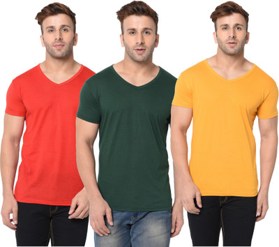 Adorbs Solid Men V Neck Dark Green, Red, Yellow T-Shirt