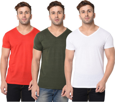 Jangoboy Solid Men V Neck Dark Green, Red, White T-Shirt