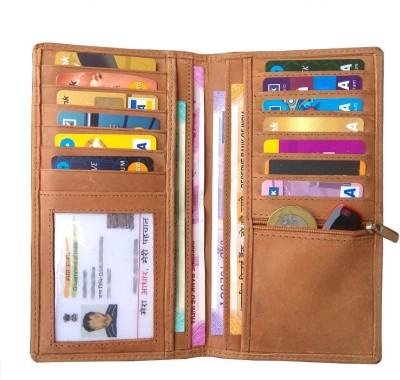 ABYS Women Tan Genuine Leather Money Clip(14 Card Slots)