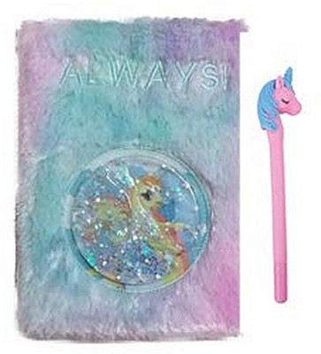 Prezzie Villa Designer Plush Fur Unicorn Diary with One Unicorn Pen A5 Diary Ruled 160 Pages(Multicolor)