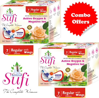 sufi The Complete Women Anion Sanitary Pads.Regular Size (L) 240 MM. 2 BOX ( 14 PADS ) Sanitary Pad(Pack of 2)