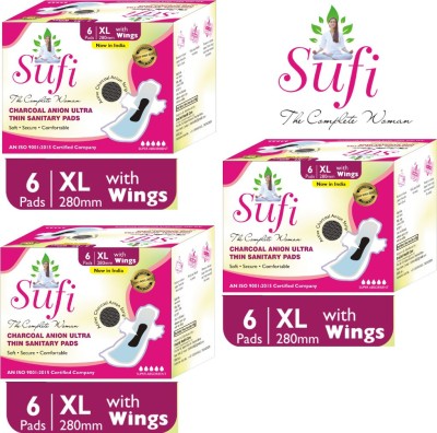 sufi The Complete Women CHARCOAL ANION ULTRA THIN Sanitary Pads. XL SIZE 280 MM. 3 BOX (18 Pads ) Sanitary Pad(Pack of 3)