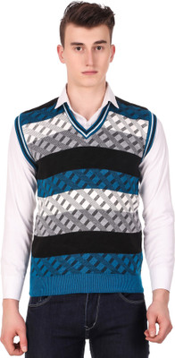 Trend Setter Checkered V Neck Casual Men Blue Sweater