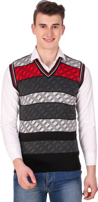 ANIXA Striped V Neck Casual Men Red Sweater