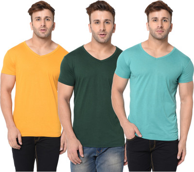 Adorbs Solid Men V Neck Dark Green, Yellow, Light Green T-Shirt