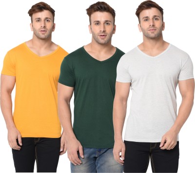 Jangoboy Solid Men V Neck Dark Green, Grey, Yellow T-Shirt