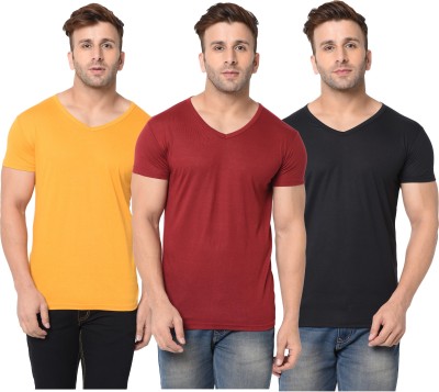 Jangoboy Solid Men V Neck Maroon, Black, Yellow T-Shirt