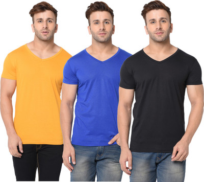 Jangoboy Solid Men V Neck Blue, Black, Orange T-Shirt