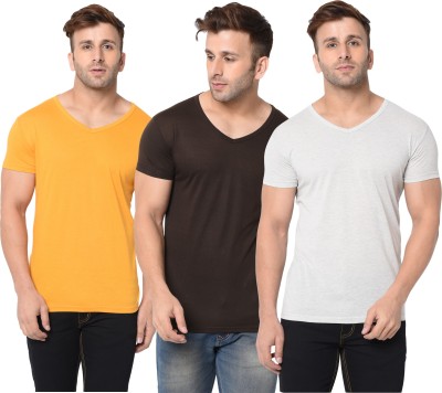 Adorbs Solid Men V Neck Brown, Grey, Yellow T-Shirt