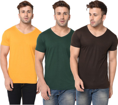 Adorbs Solid Men V Neck Dark Green, Brown, Yellow T-Shirt