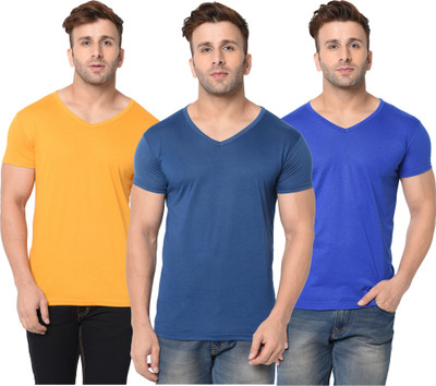 Adorbs Solid Men V Neck Dark Blue, Blue, Yellow T-Shirt