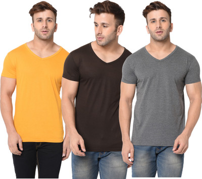 Jangoboy Self Design, Solid Men V Neck Brown, Grey, Yellow T-Shirt