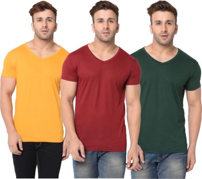 Jangoboy Solid Men V Neck Dark Green, Maroon, Yellow T-Shirt