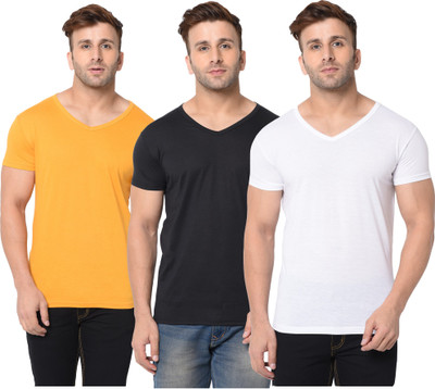 Adorbs Solid Men V Neck White, Black, Yellow T-Shirt