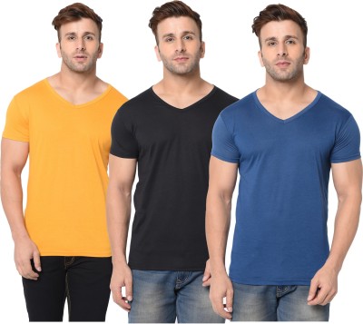 Jangoboy Solid Men V Neck Blue, Black, Yellow T-Shirt