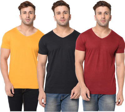 Jangoboy Solid Men V Neck Maroon, Black, Yellow T-Shirt