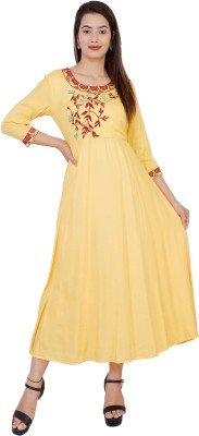 DHAGA SUI Women Embroidered Flared Kurta(Yellow)